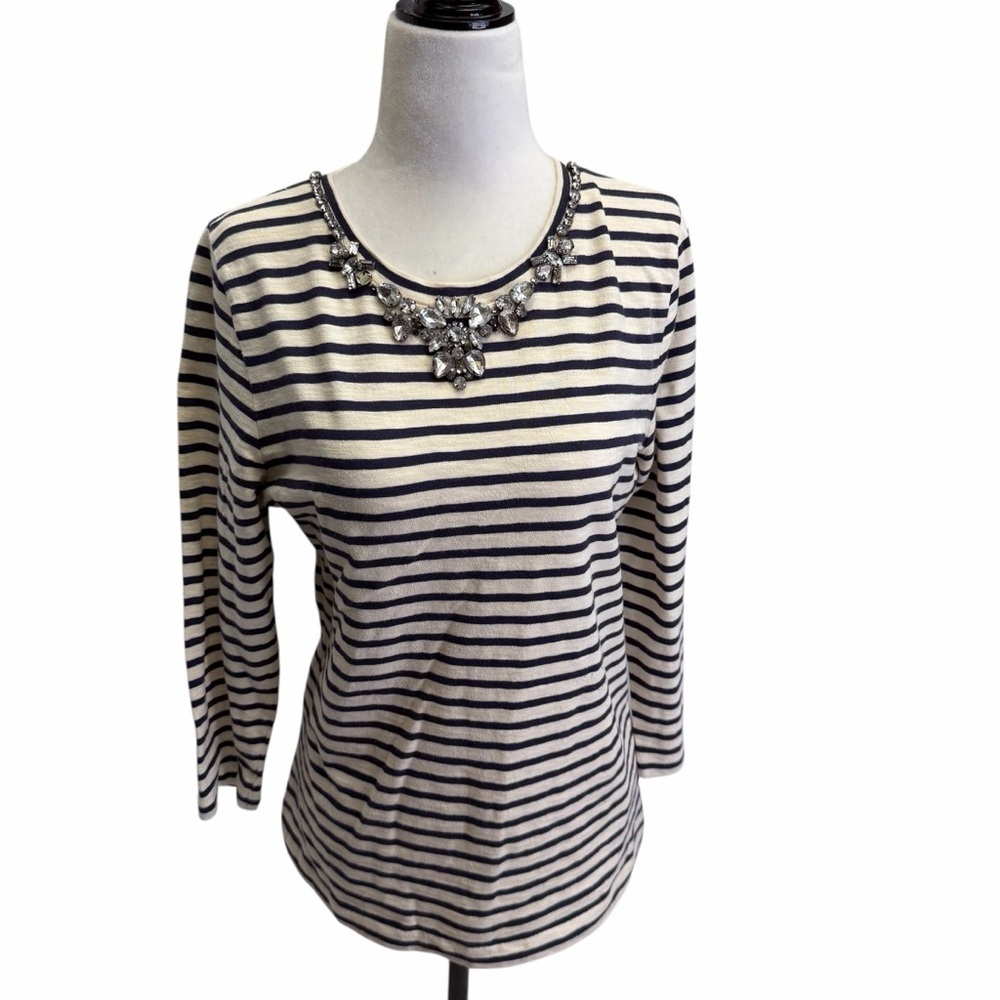 J. Crew Striped Navy & White Jewel Embellished Top Size M